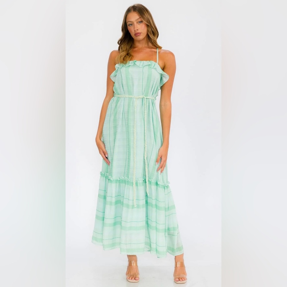 Green Tiered Maxi Dress Spaghetti Strap Flowy Beach Sundress Open Back Sz Small